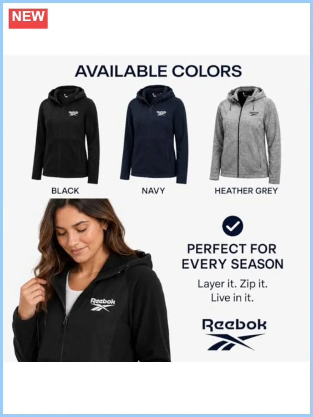 Reebok Women's Fleece Zip-Up Jacket Lightweight Hooded Winter Coat